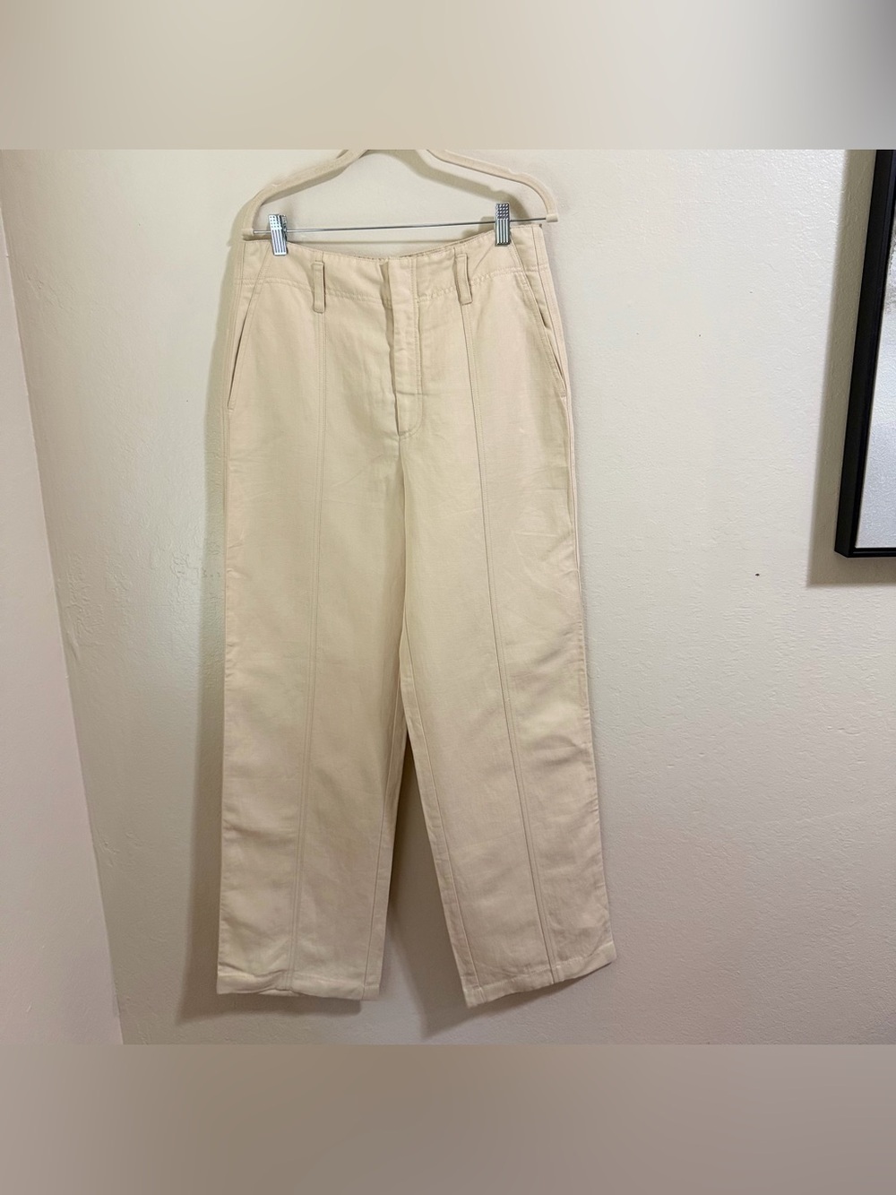 Vince Linen Cotton Wide Leg Pants Cream Tan High Rise Chino Size 10